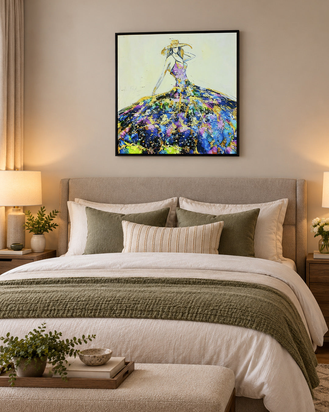 She Arrived woman resin wall art above a bed in a bedroom
