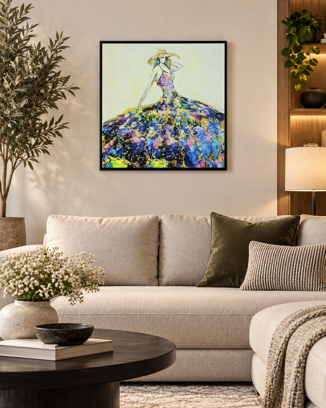 She Arrived woman resin wall art above a sofa in a living room