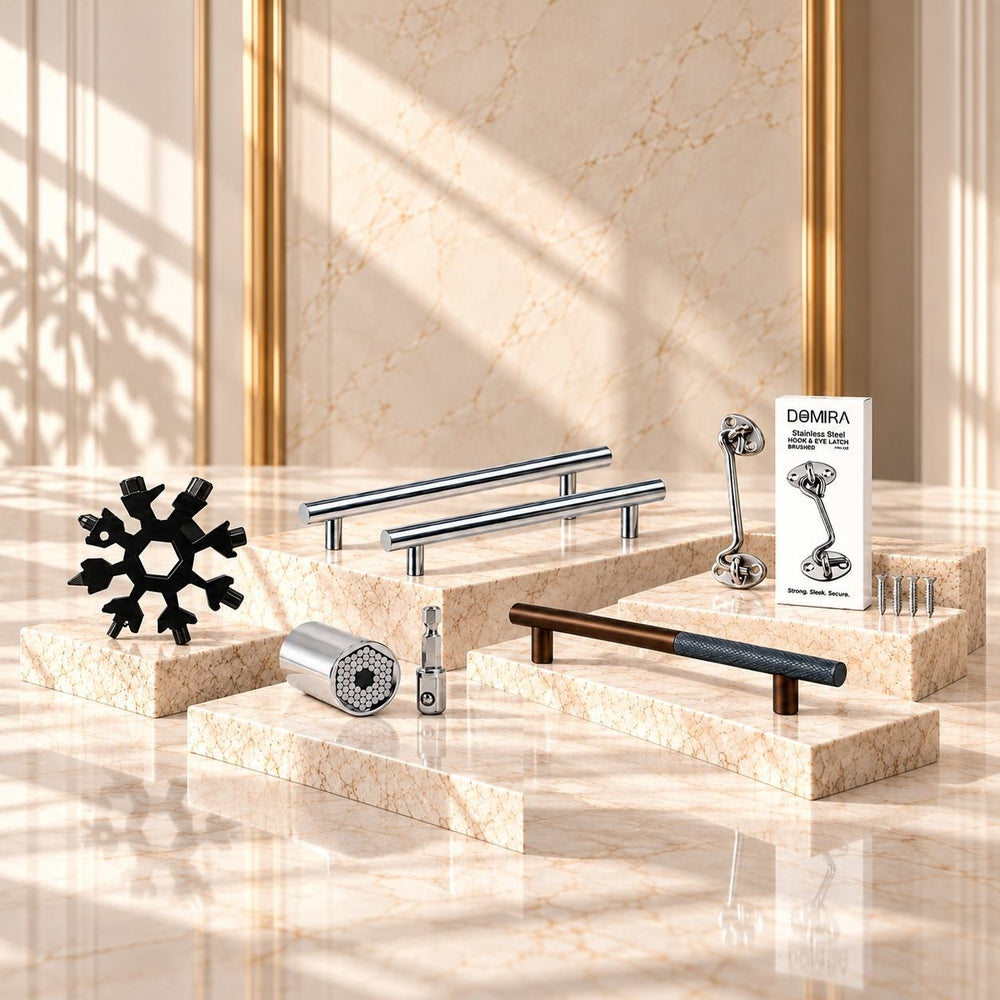 Cabinet handles, multi-tool and hardware on stone plinths