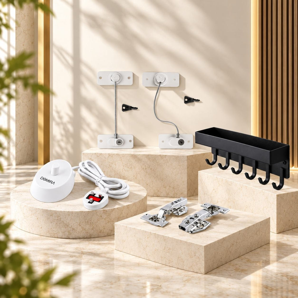 Key rack, cable clips and home accessories on stone plinths
