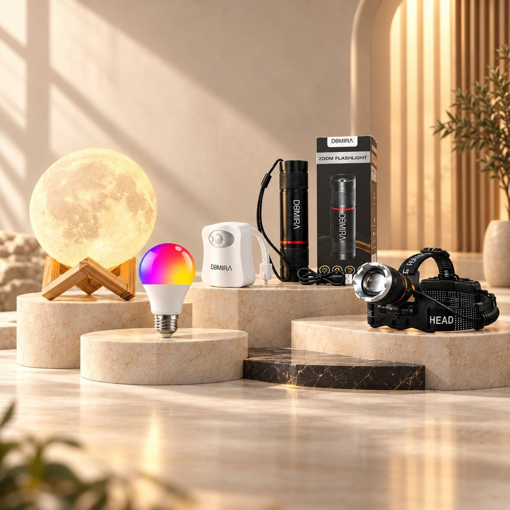 Moon lamp, smart bulb and head torch on stone plinths