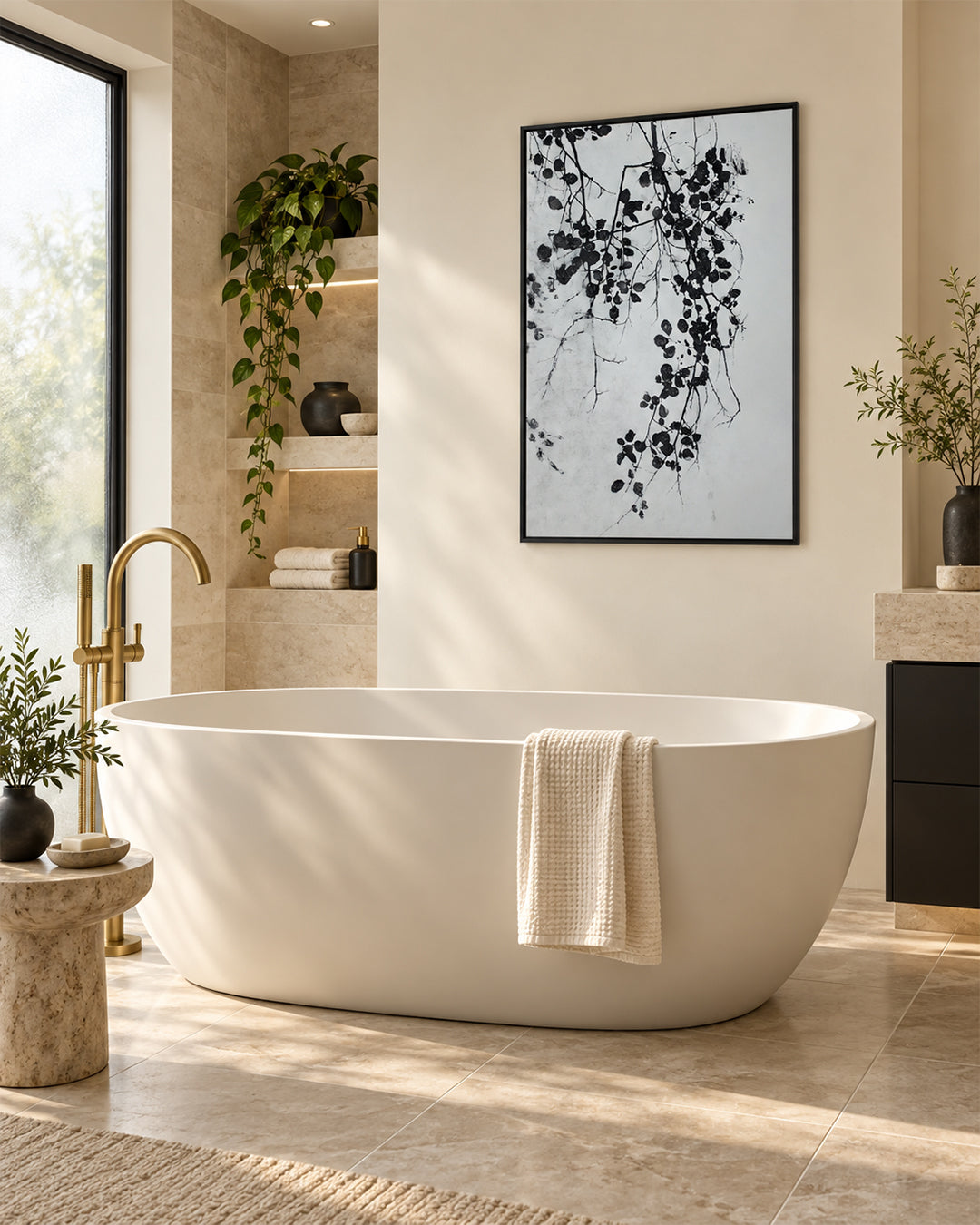 Silent Growth botanical painting in a bathroom above a freestanding bath