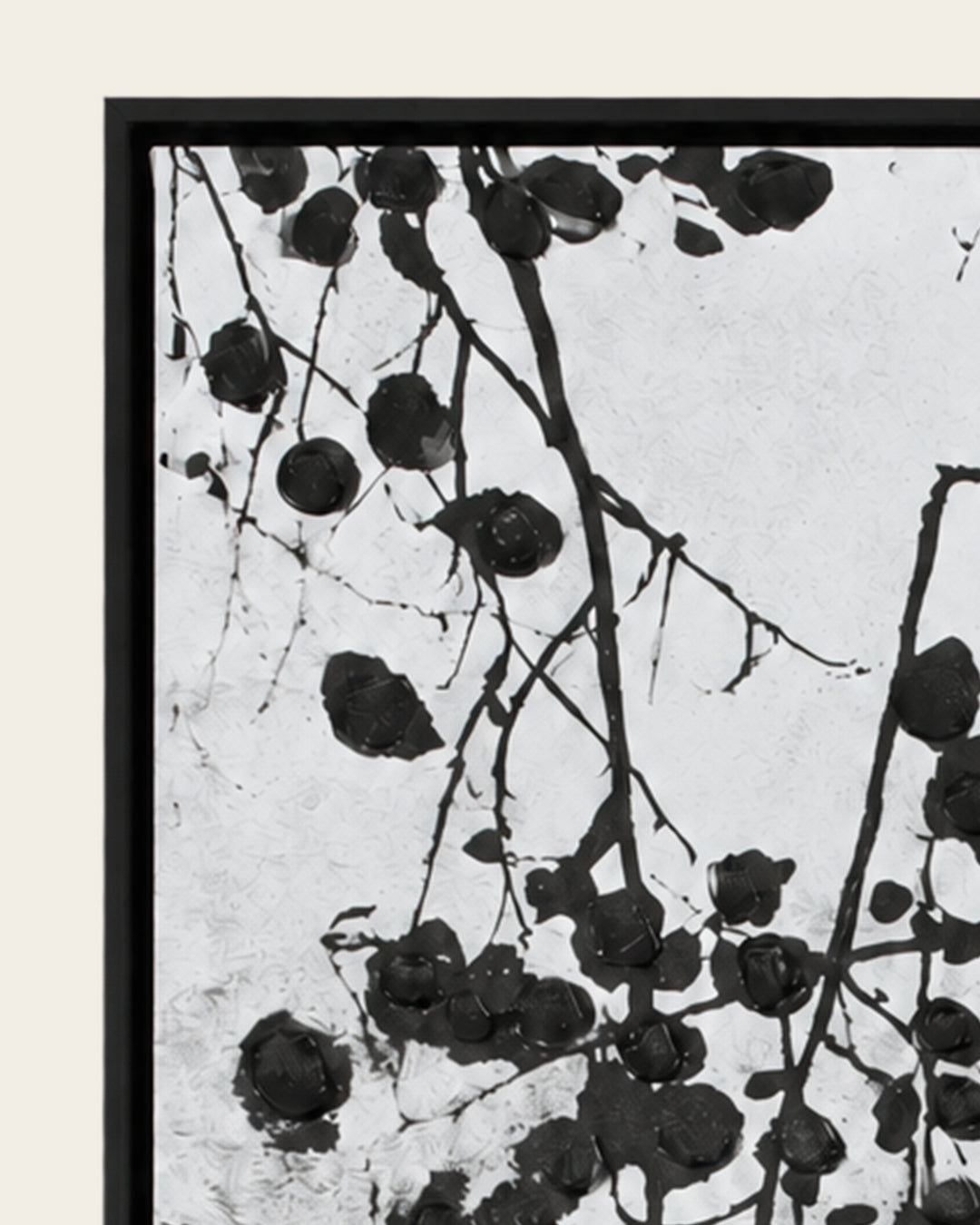 Silent Growth botanical painting black frame corner detail