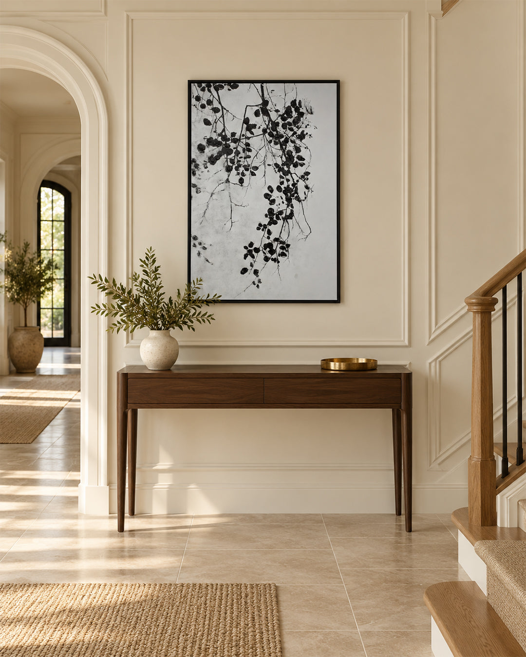 Silent Growth botanical painting in a hallway above a console table