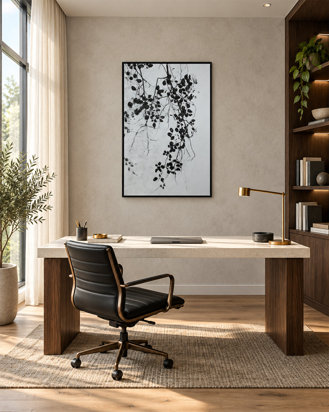 Silent Growth botanical painting in a home office