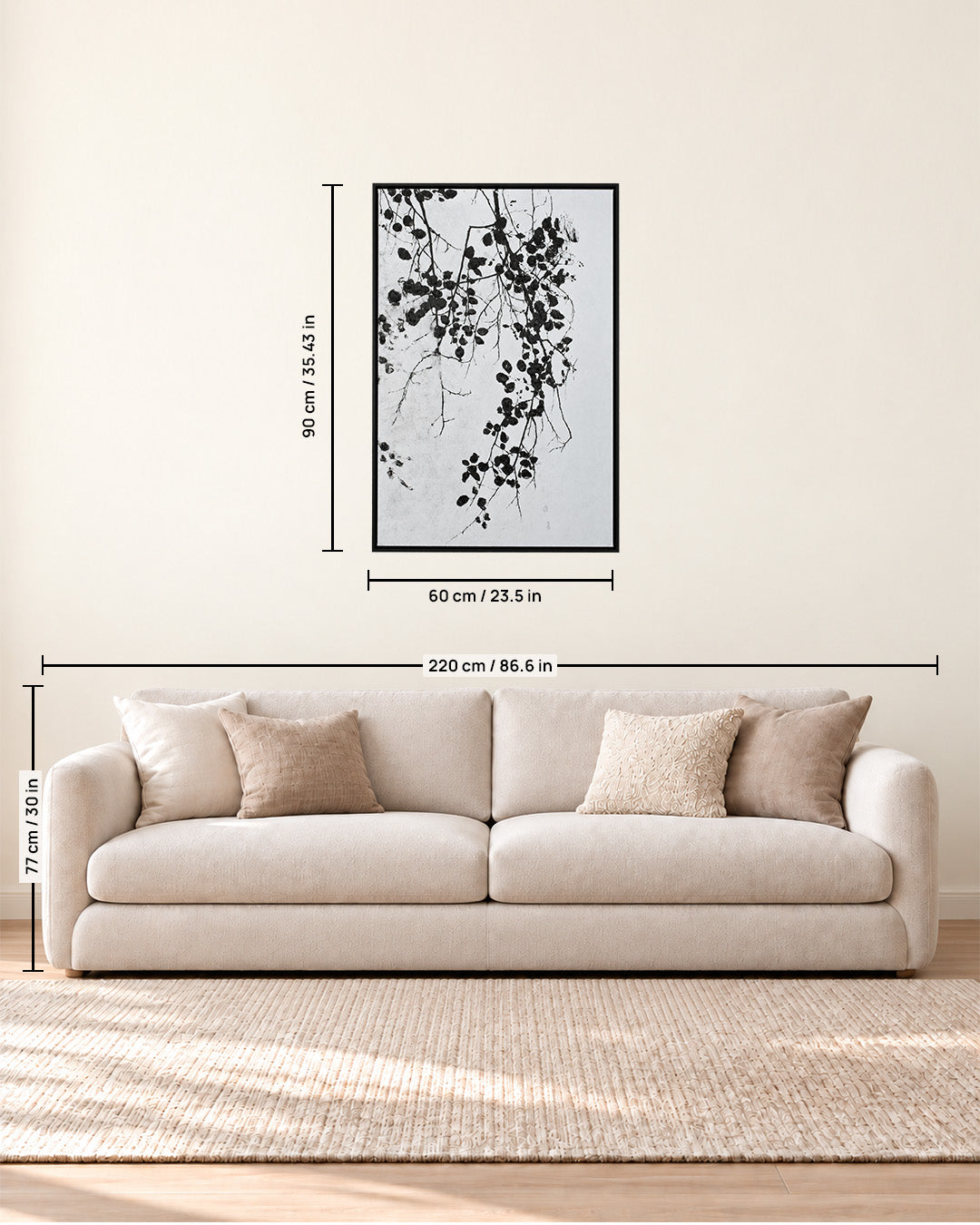 Silent Growth botanical painting size guide above a sofa