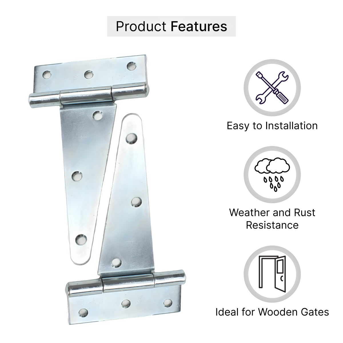 Silver galvanized gate hinges for wooden gates features