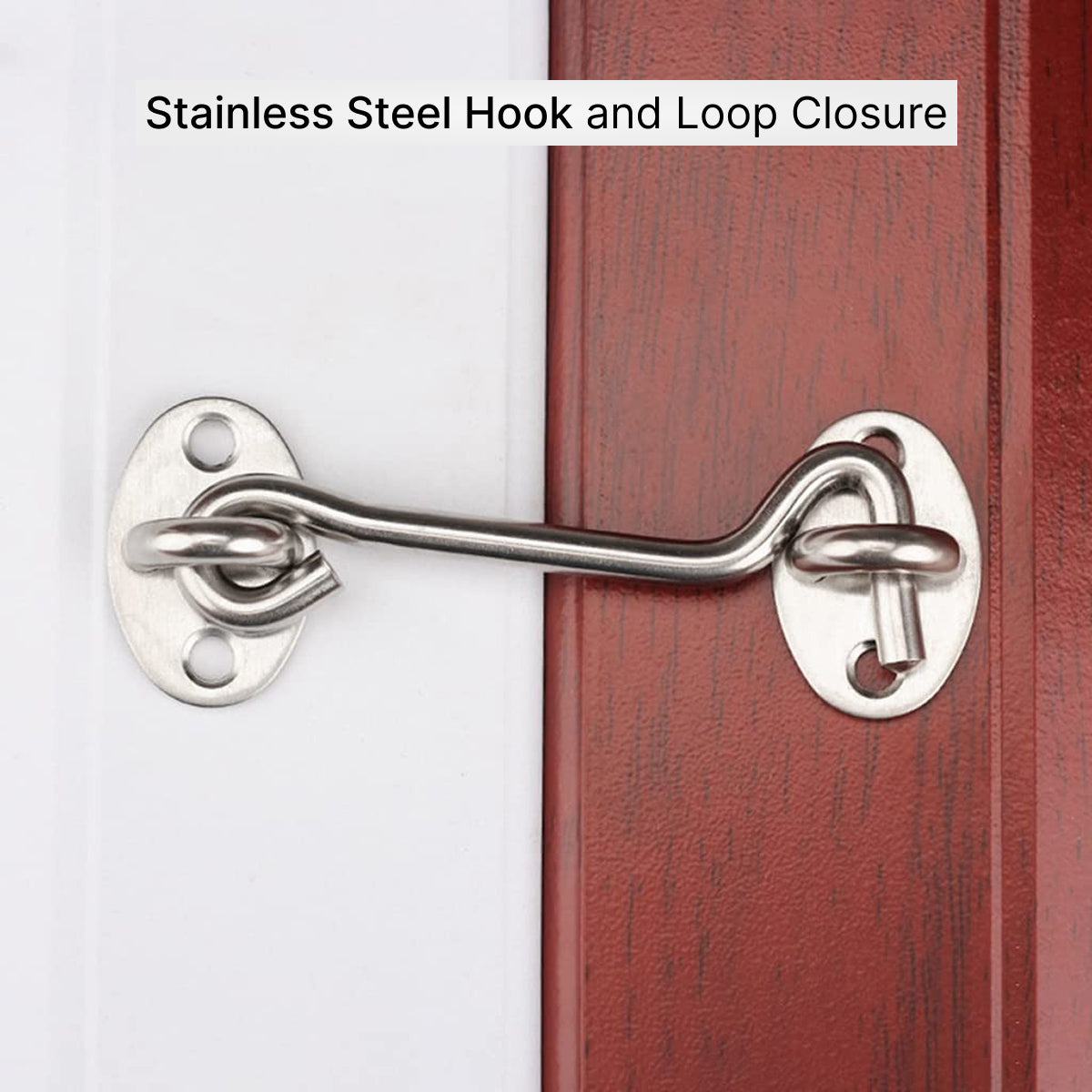 Silver hook and eye latch installed on a door