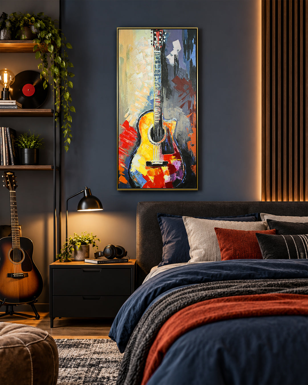 Six Strings acoustic guitar painting above a bed in a bedroom
