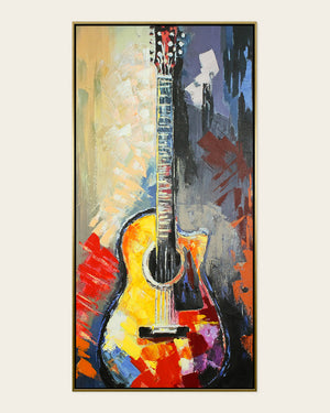 Six Strings acoustic guitar painting front view in a gold and black frame