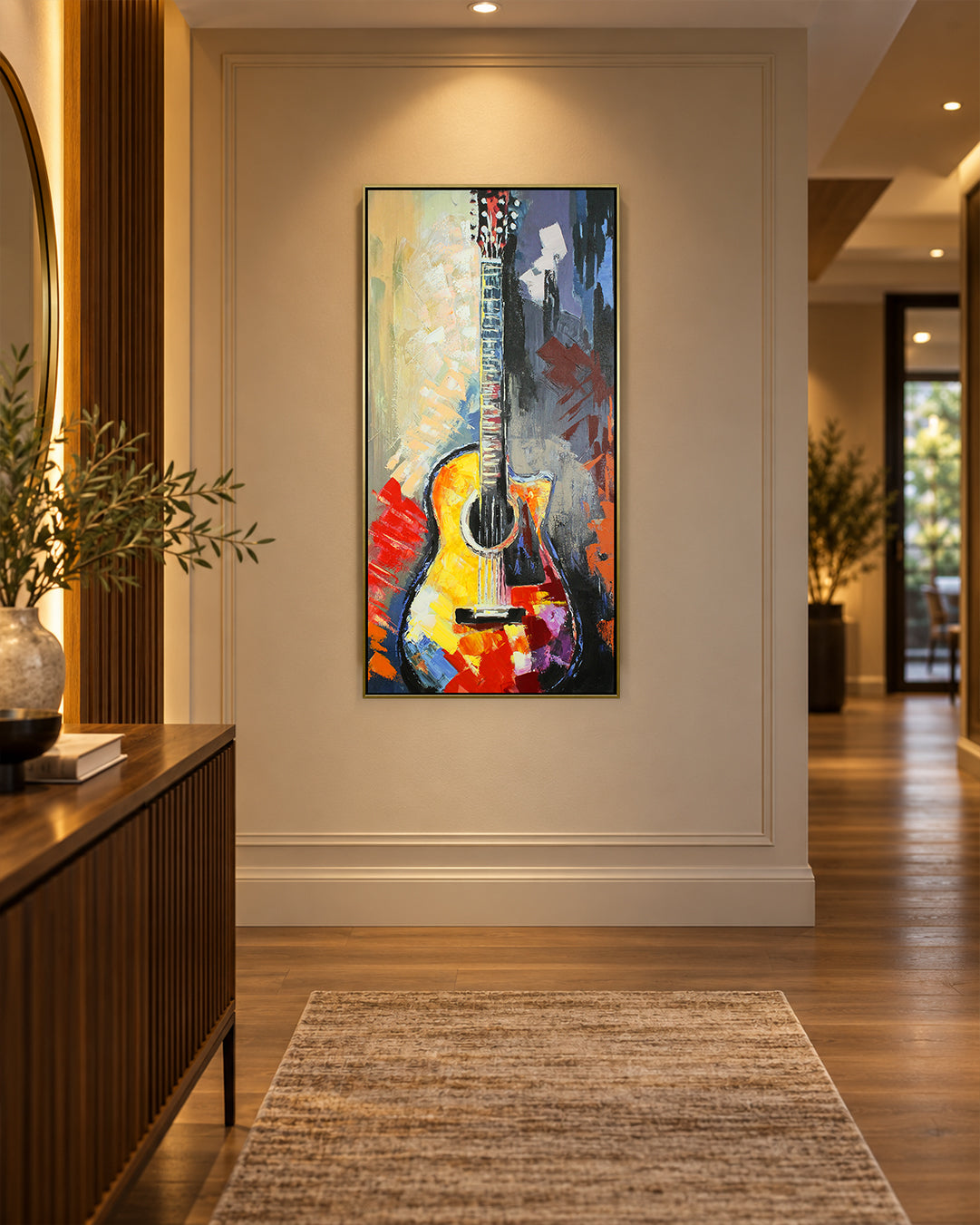 Six Strings acoustic guitar painting above a console table in a hallway