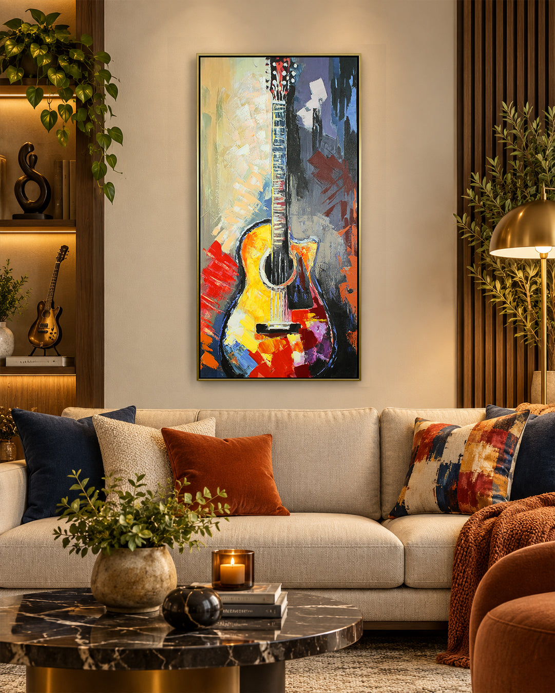 Six Strings acoustic guitar painting above a sofa in a living room