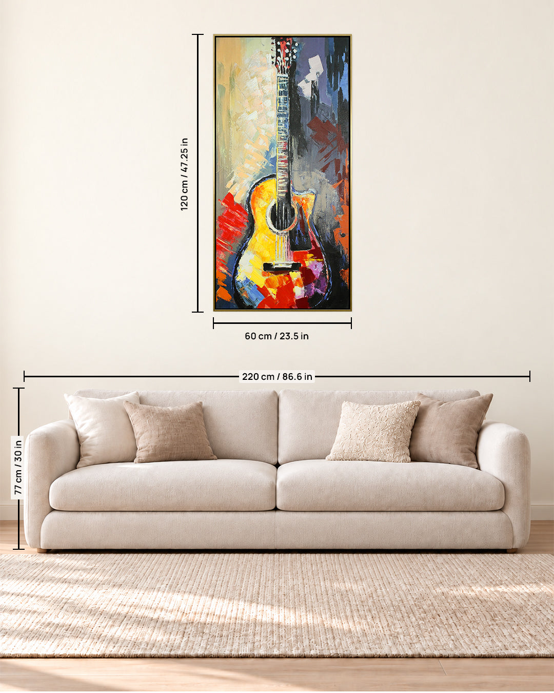 Six Strings acoustic guitar painting size guide above a sofa