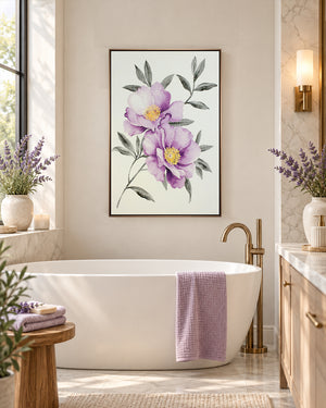 Soft Petal peony resin wall art above a freestanding bath