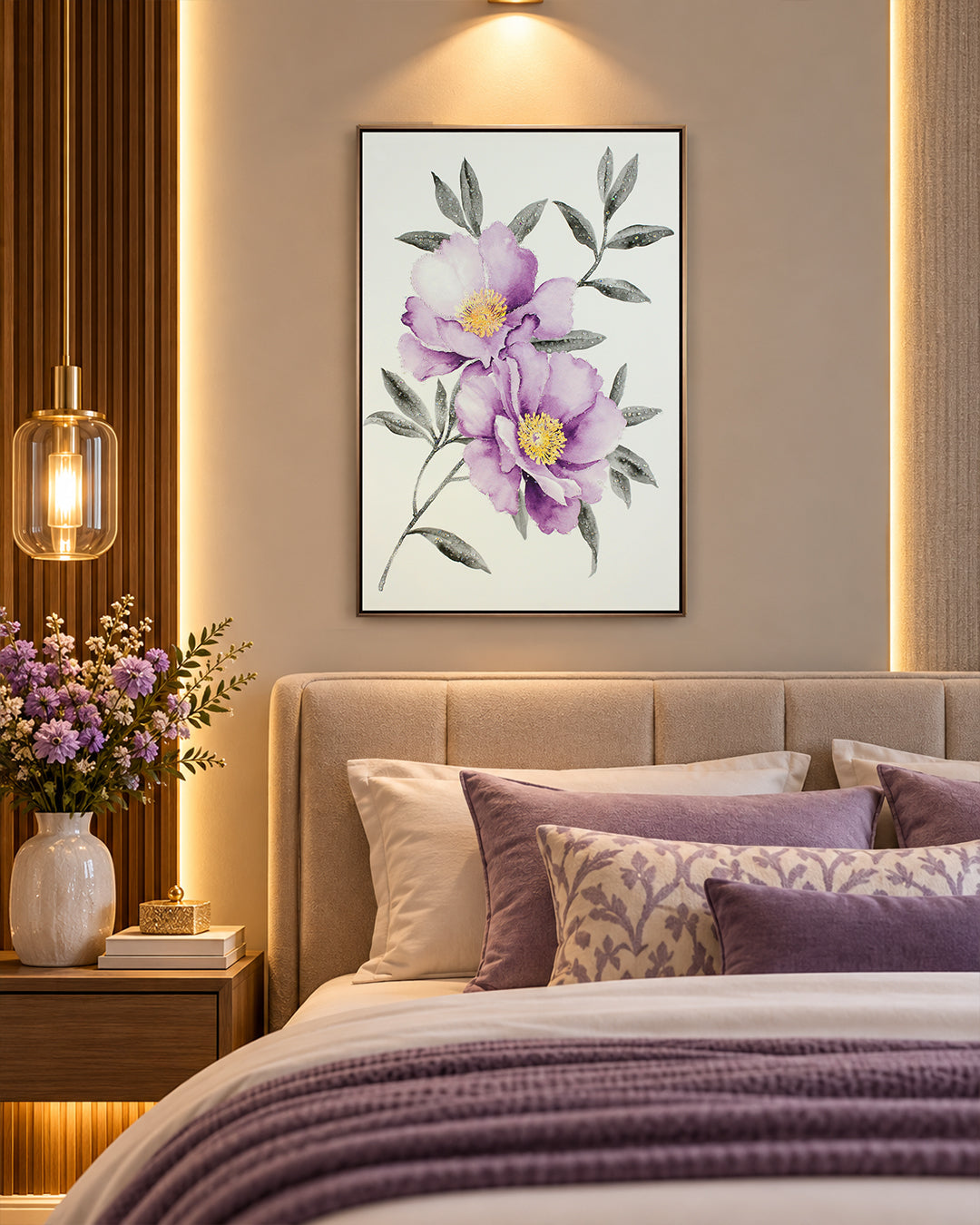 Soft Petal peony resin wall art above a bed in a bedroom