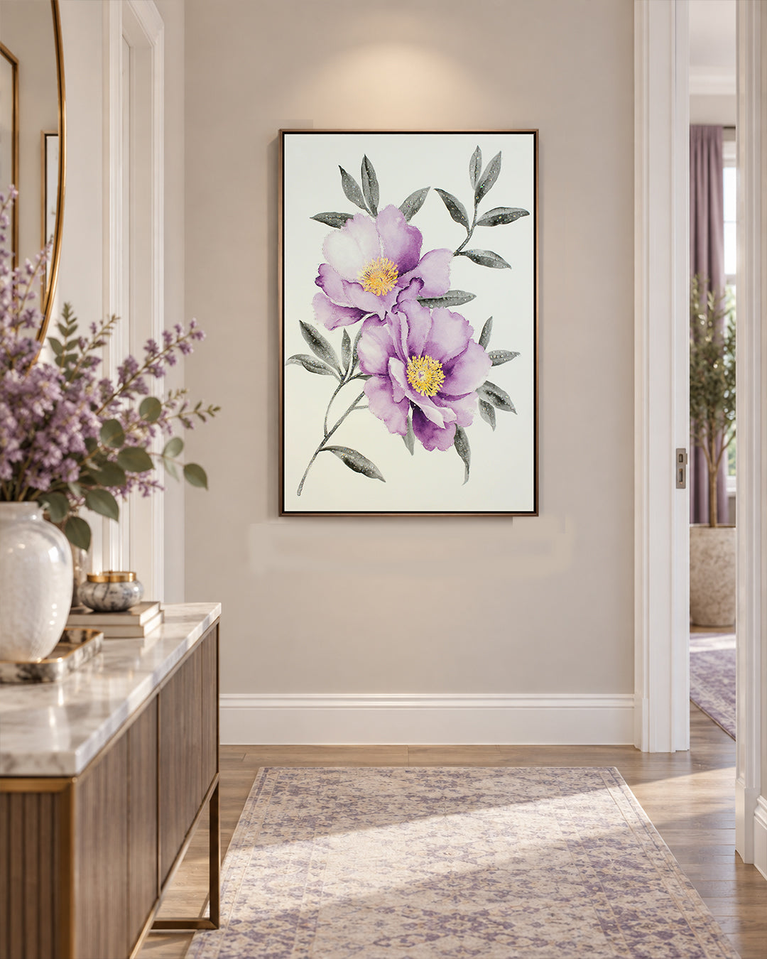 Soft Petal peony resin wall art above a console in a hallway