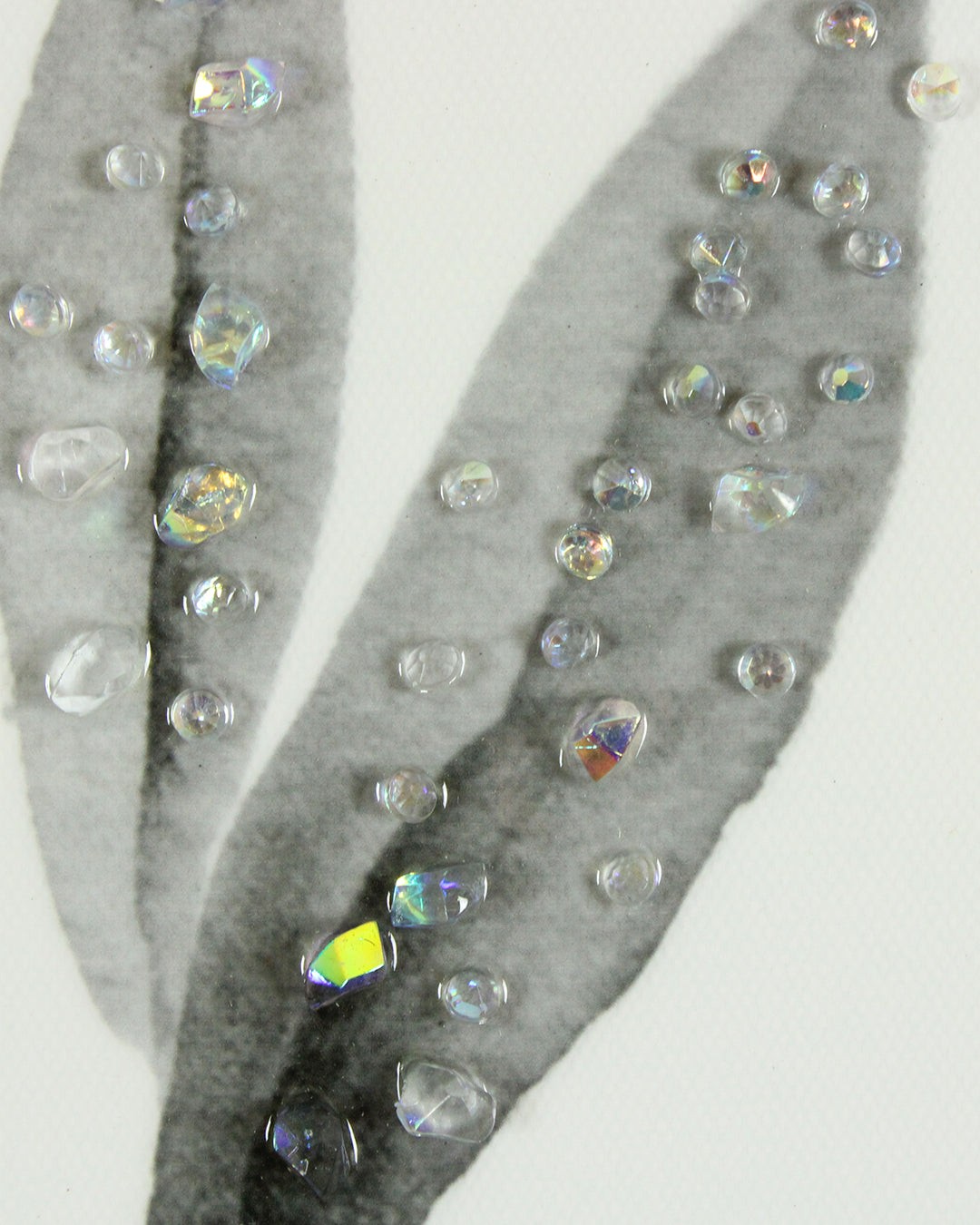 Soft Petal peony resin wall art close-up of the silver leaves and crystals