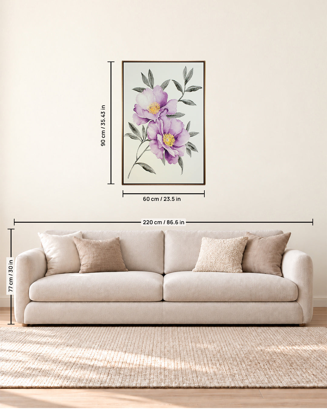 Soft Petal peony resin wall art size guide above a sofa
