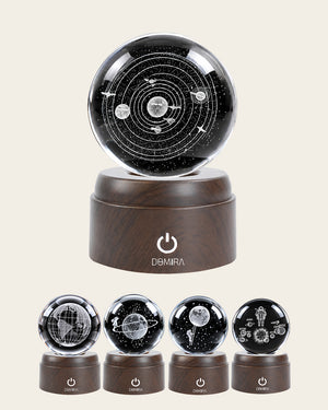 Space design crystal globes on wooden LED bases