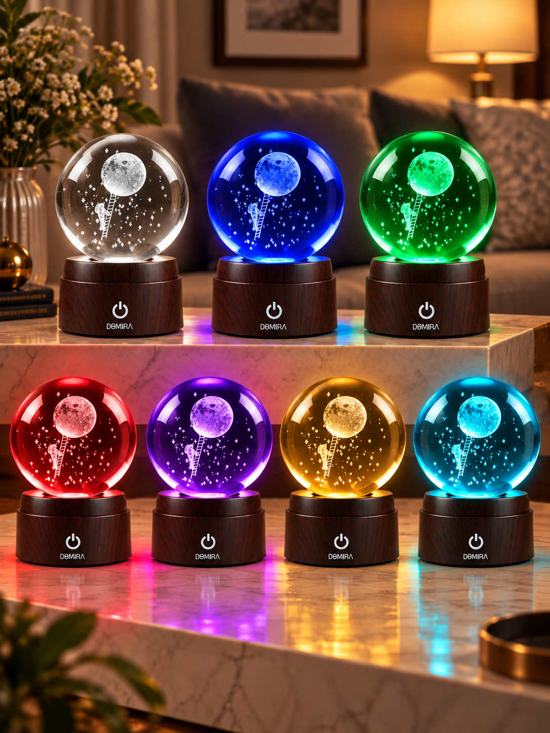 Beyond Limits crystal globe shown in seven LED colours
