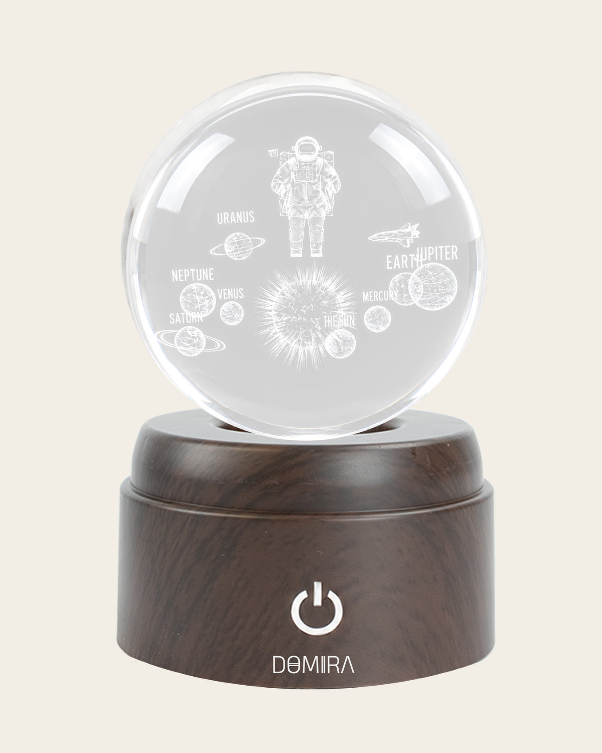 Cosmic Explorer crystal globe front view on its rotating LED base
