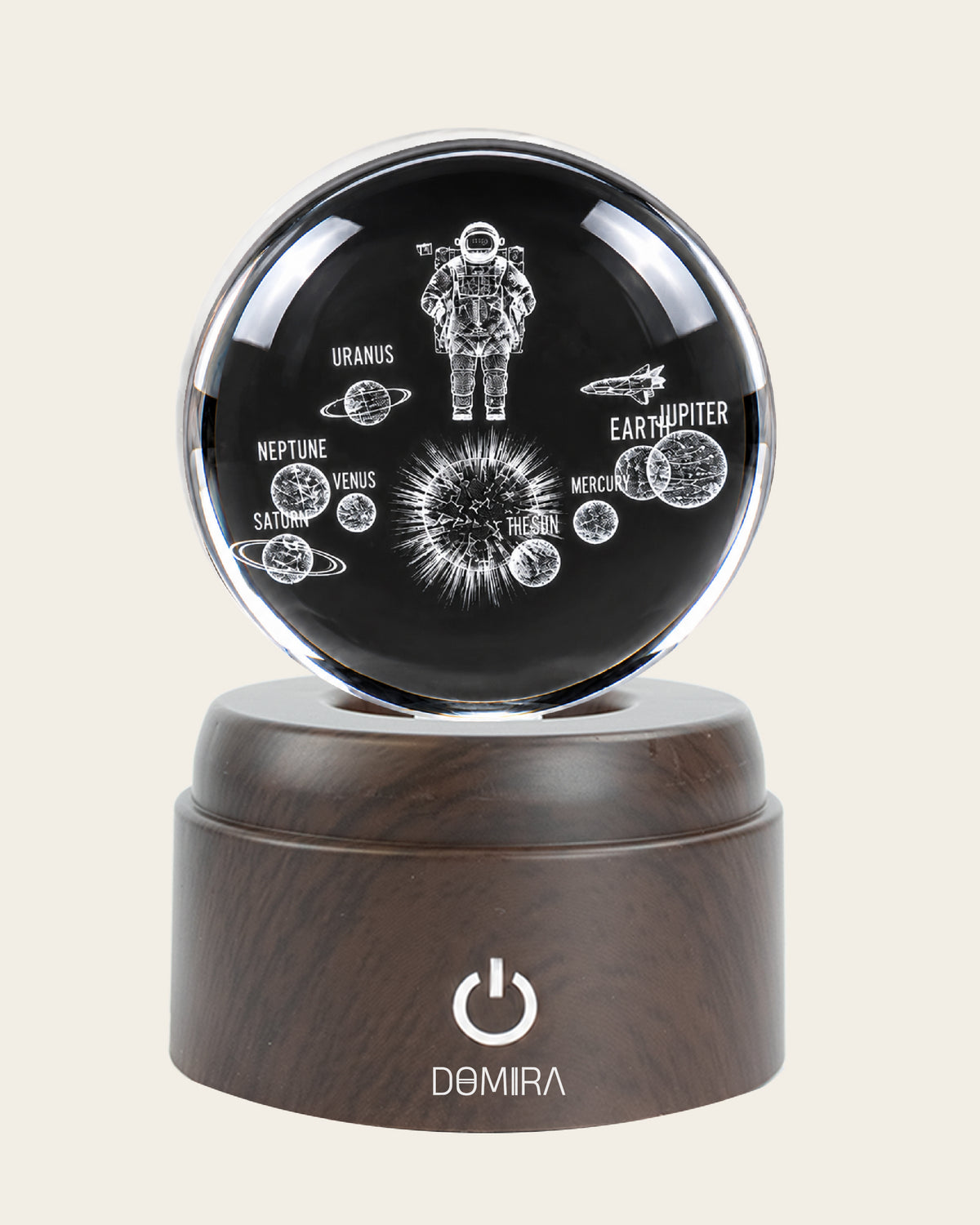 Cosmic Explorer crystal globe close-up of the 3D engraved design
