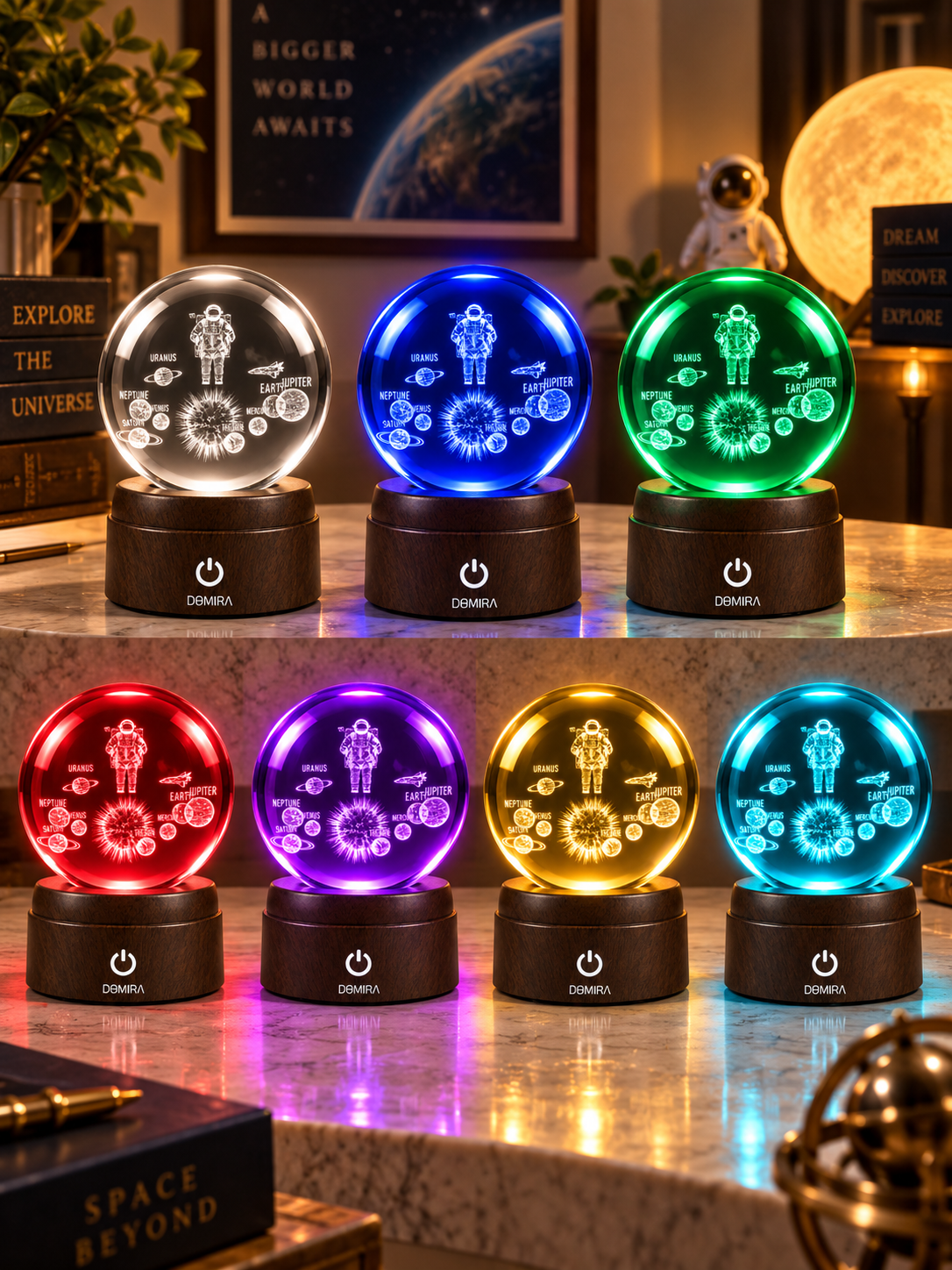 Cosmic Explorer crystal globe shown in seven LED colours