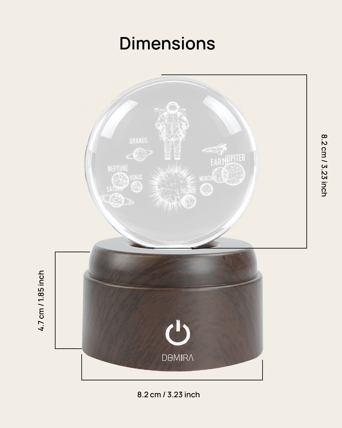 Cosmic Explorer crystal globe dimensions: 8.2 cm globe on an 8.2 cm wide, 4.7 cm high base