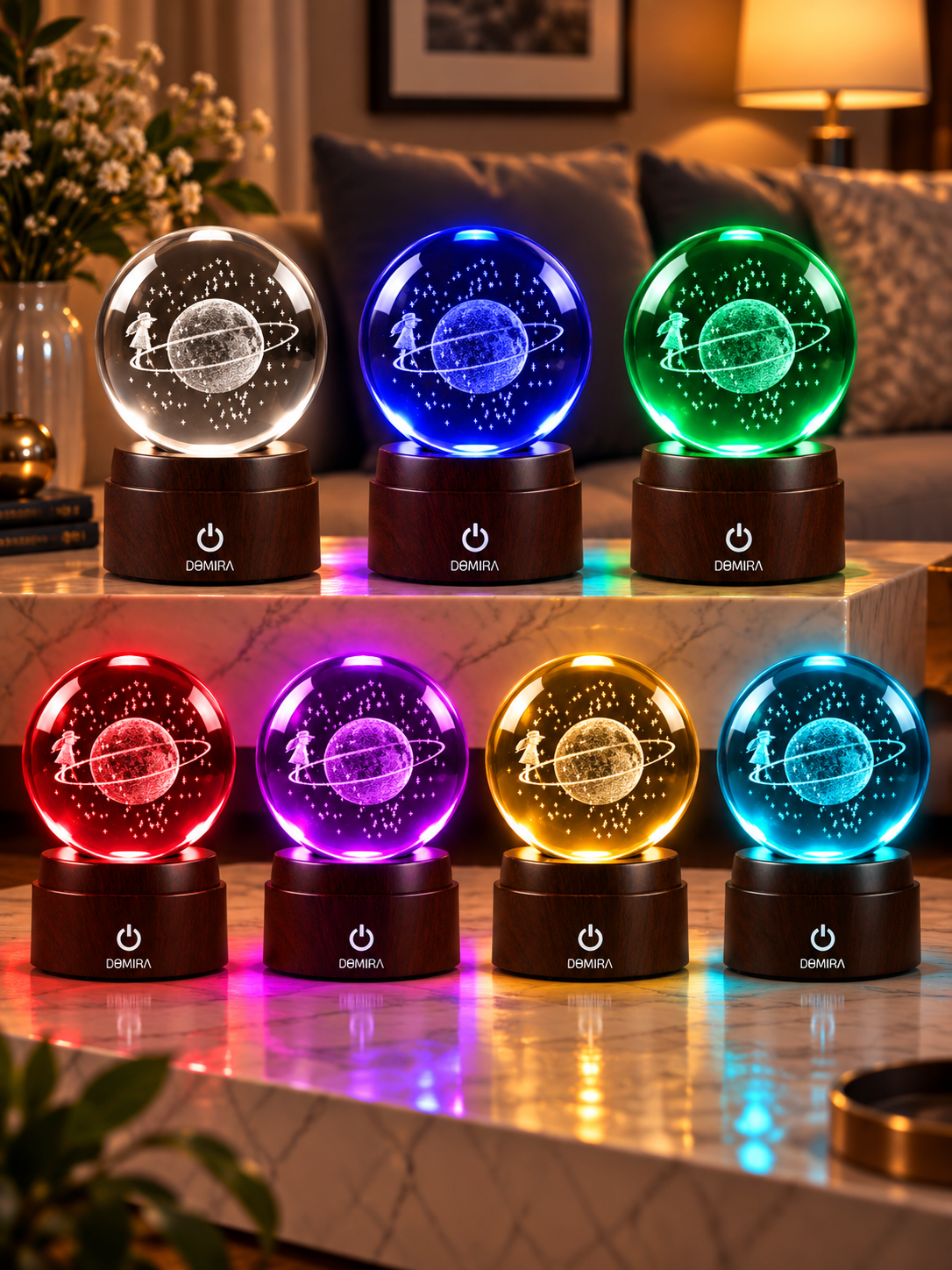 Orbital Dreams crystal globe shown in seven LED colours