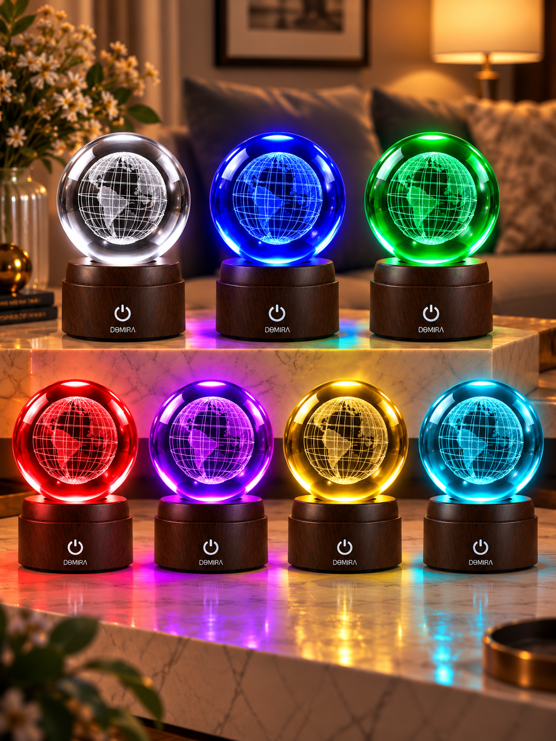 Our Planet crystal globe shown in seven LED colours
