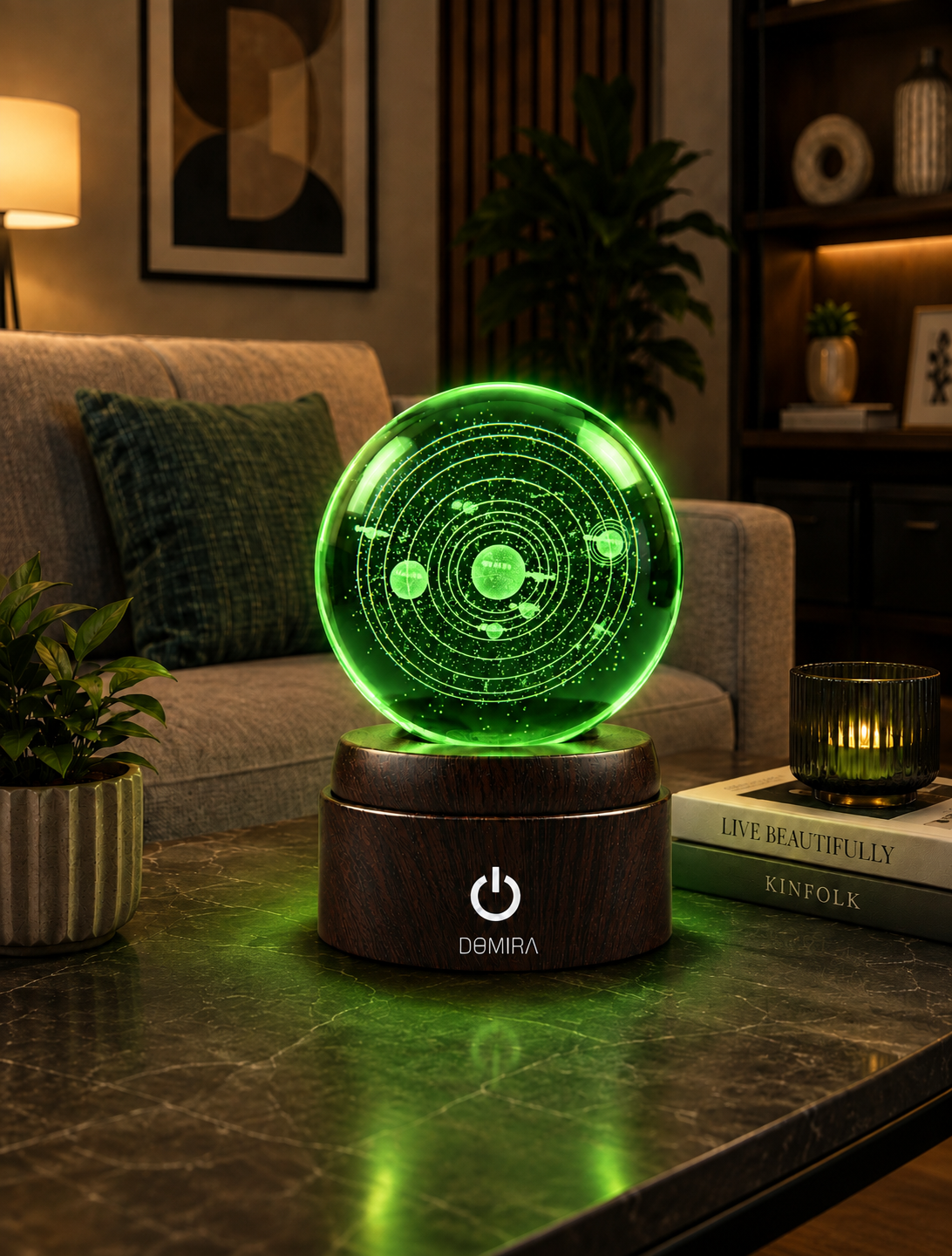 Solar Odyssey crystal globe glowing green