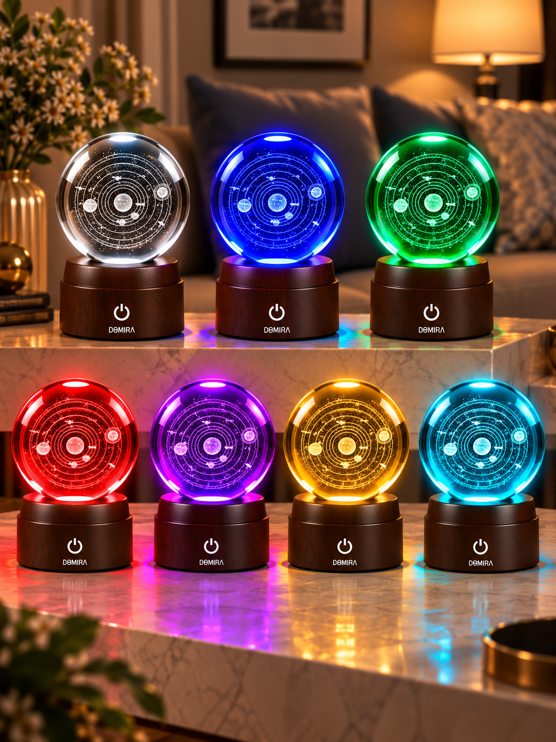 Solar Odyssey crystal globe shown in seven LED colours