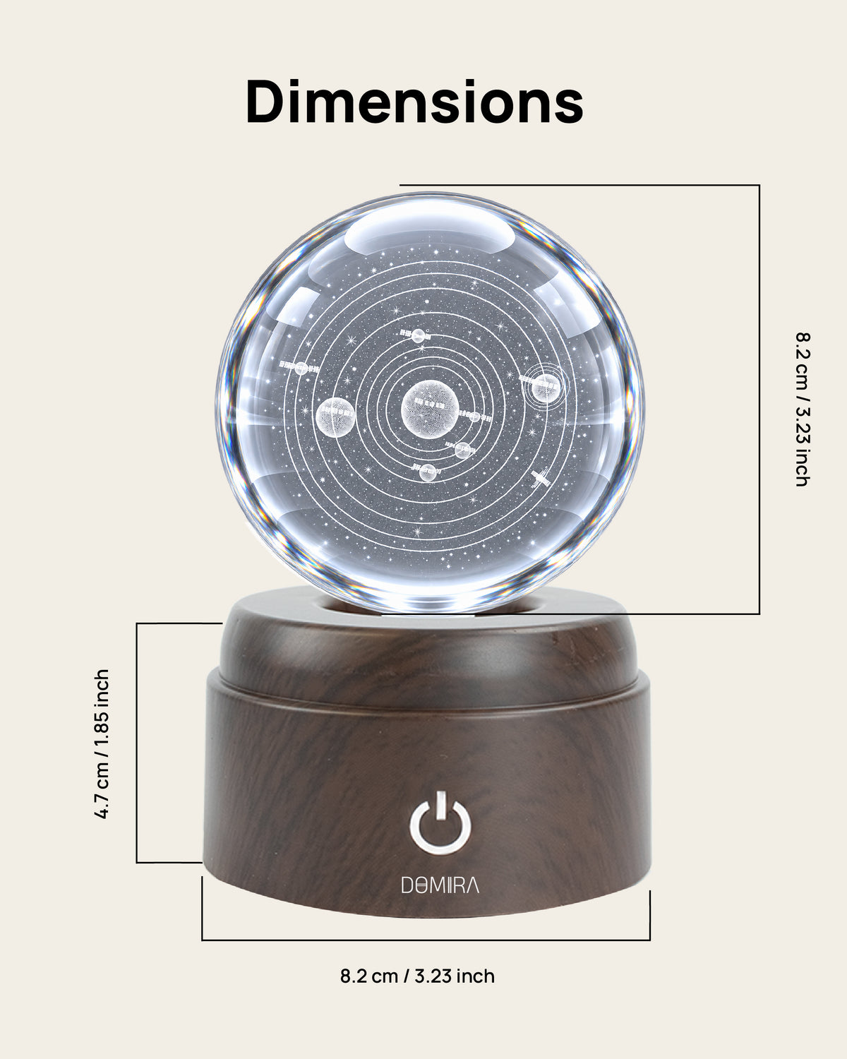Solar Odyssey crystal globe dimensions: 8.2 cm globe on an 8.2 cm wide, 4.7 cm high base