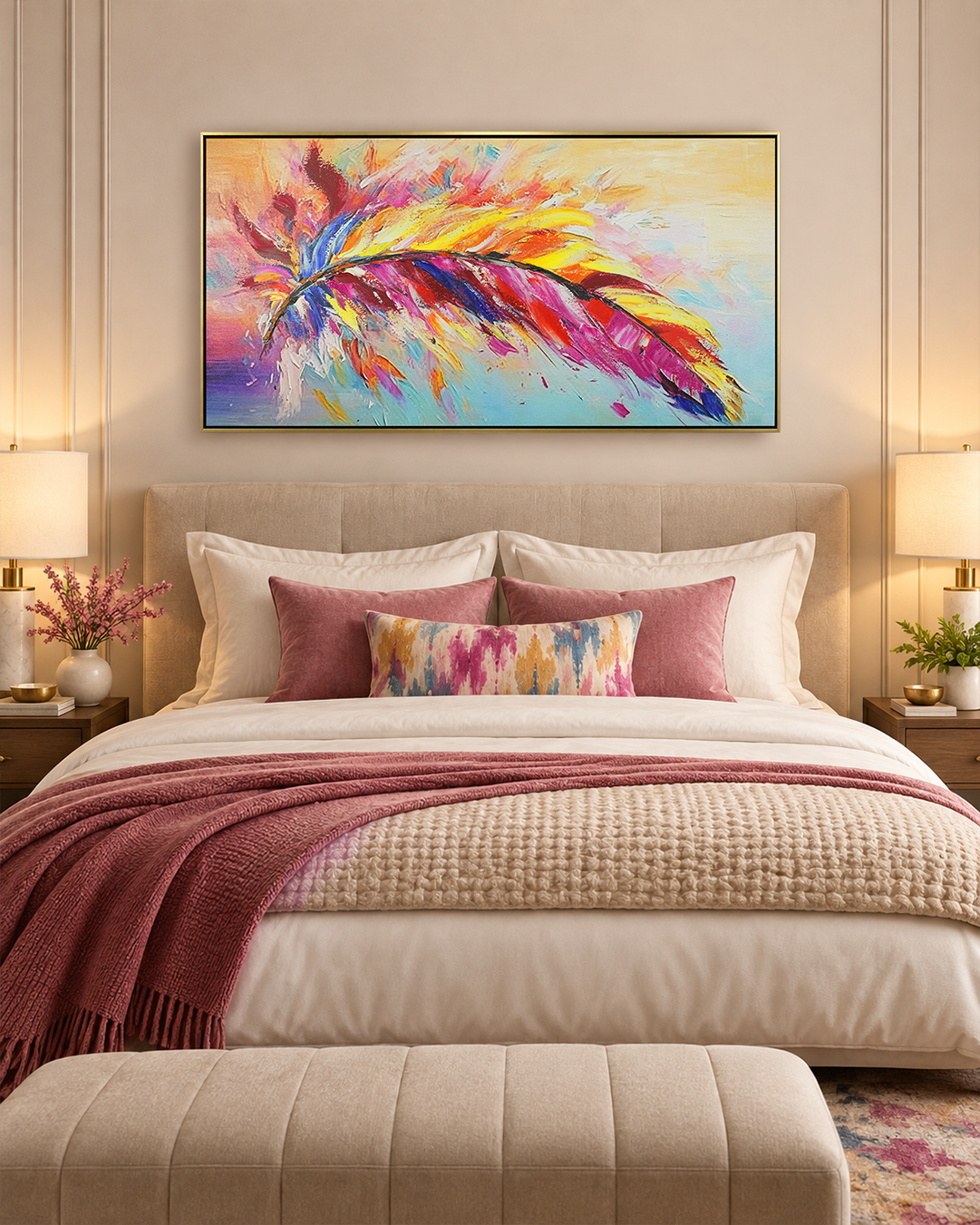 Spectrum colourful rainbow feather wall art above a bed in a bedroom