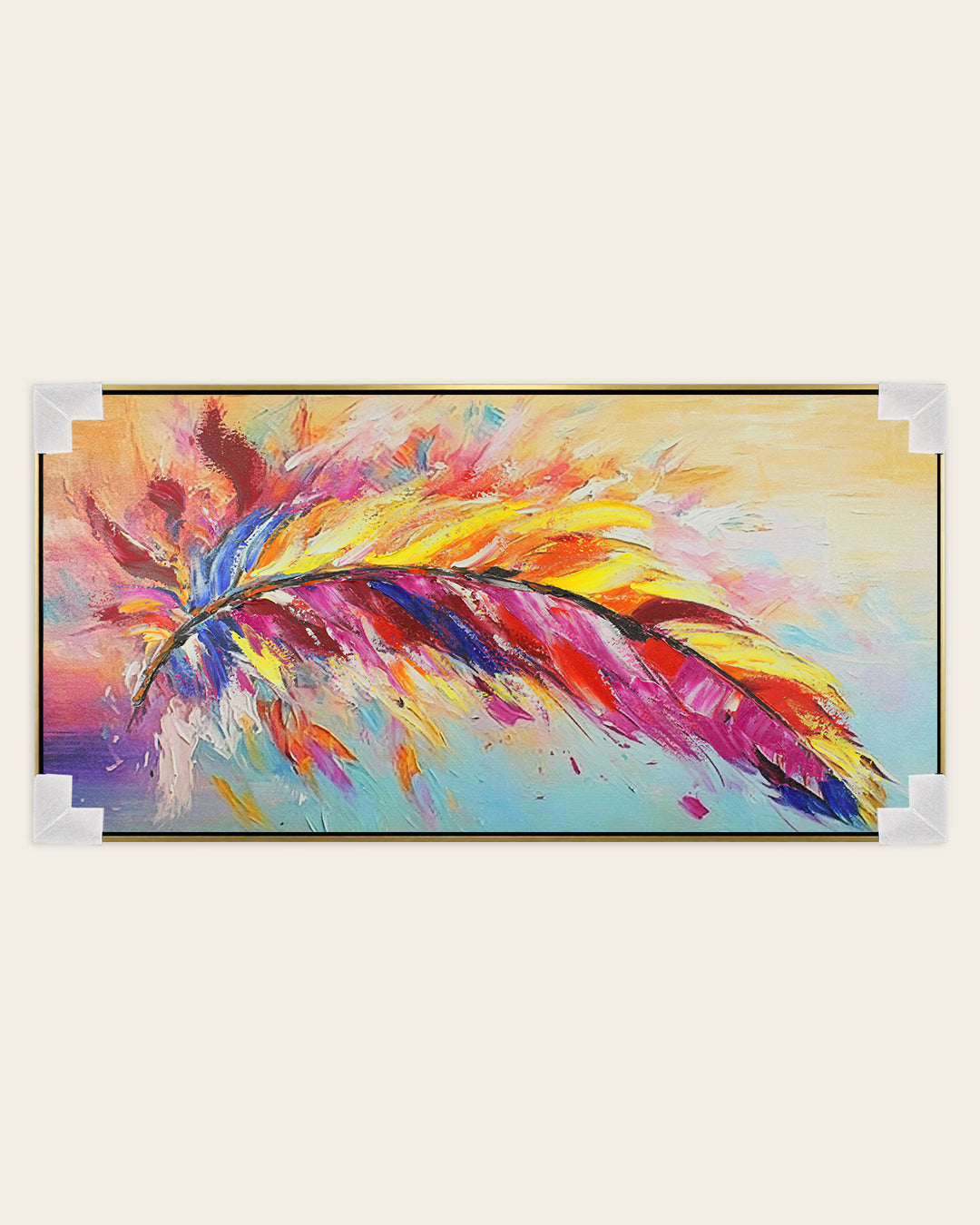Spectrum colourful rainbow feather wall art with corner protectors for delivery
