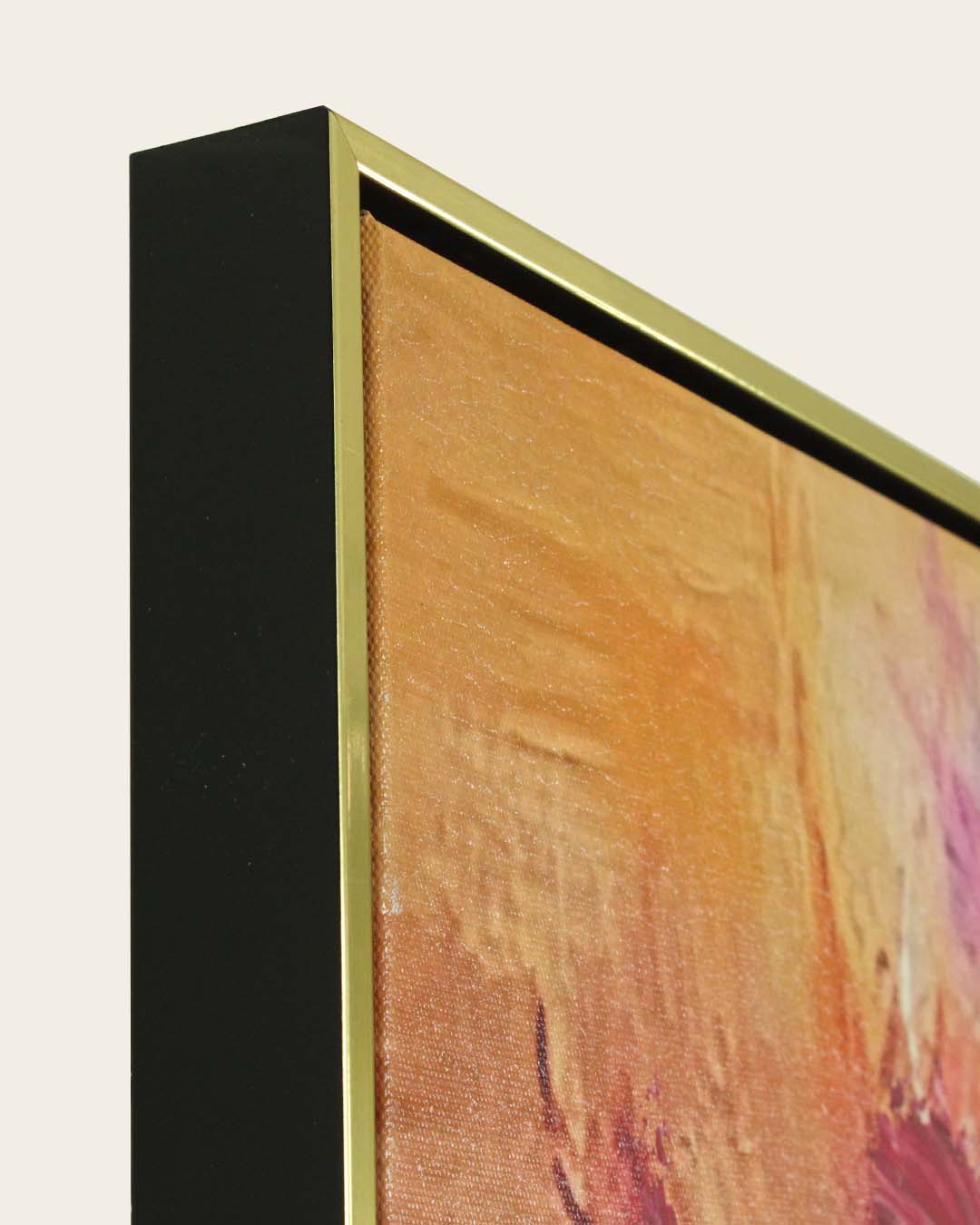 Spectrum colourful rainbow feather wall art side profile of the gold and black frame