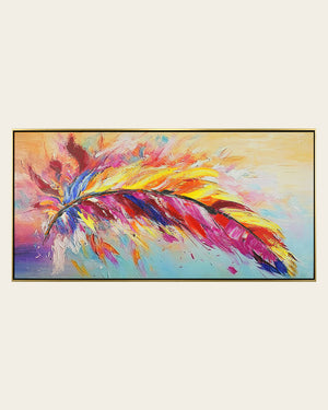 Spectrum colourful rainbow feather wall art front view in a gold and black frame