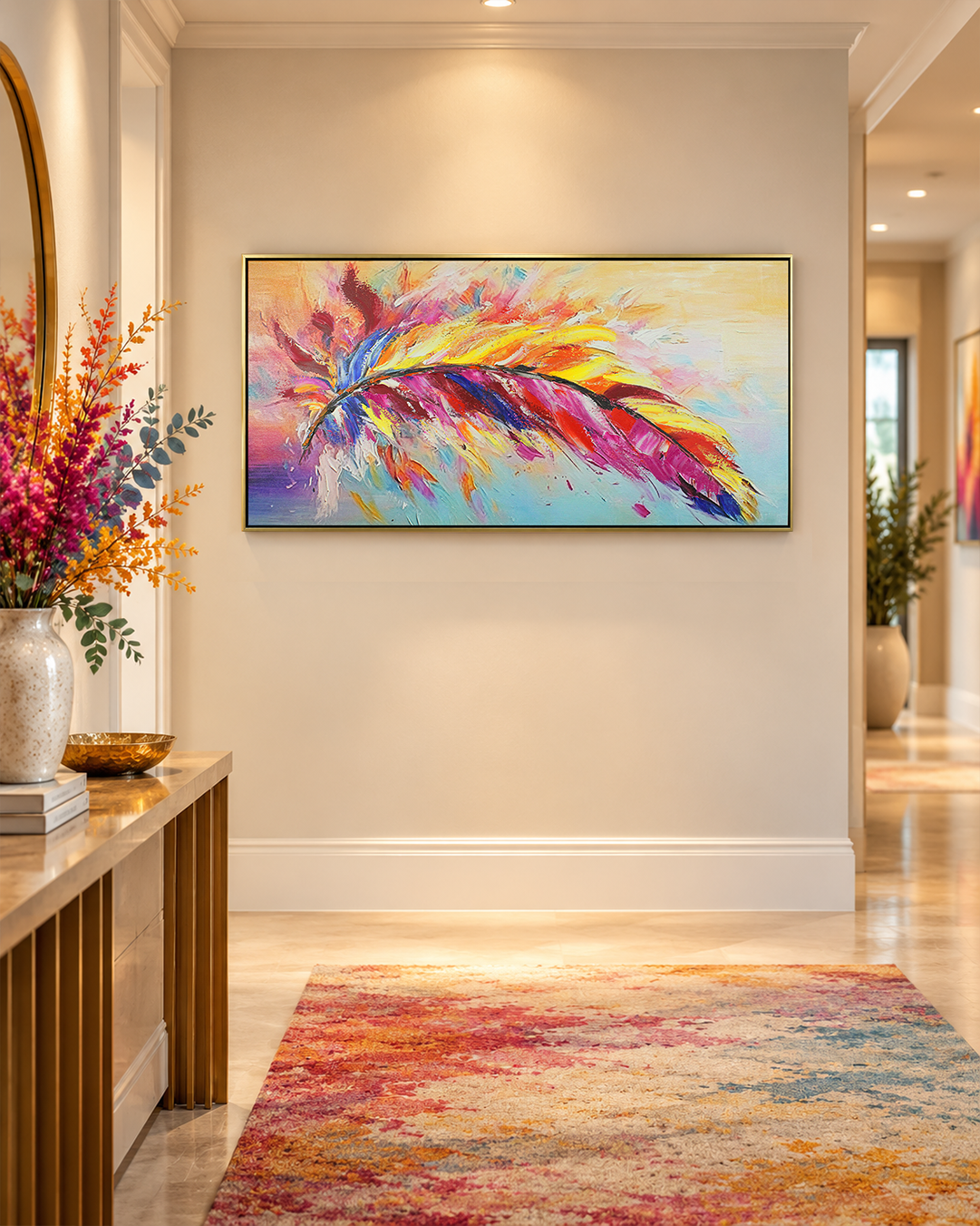 Spectrum colourful rainbow feather wall art above a console table in a hallway