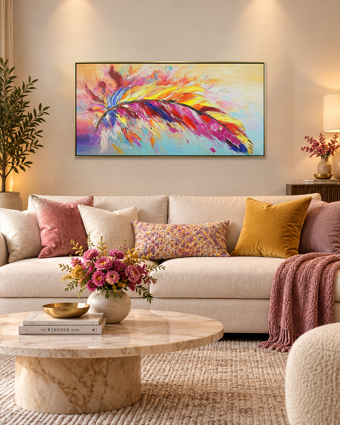 Spectrum colourful rainbow feather wall art above a sofa in a living room