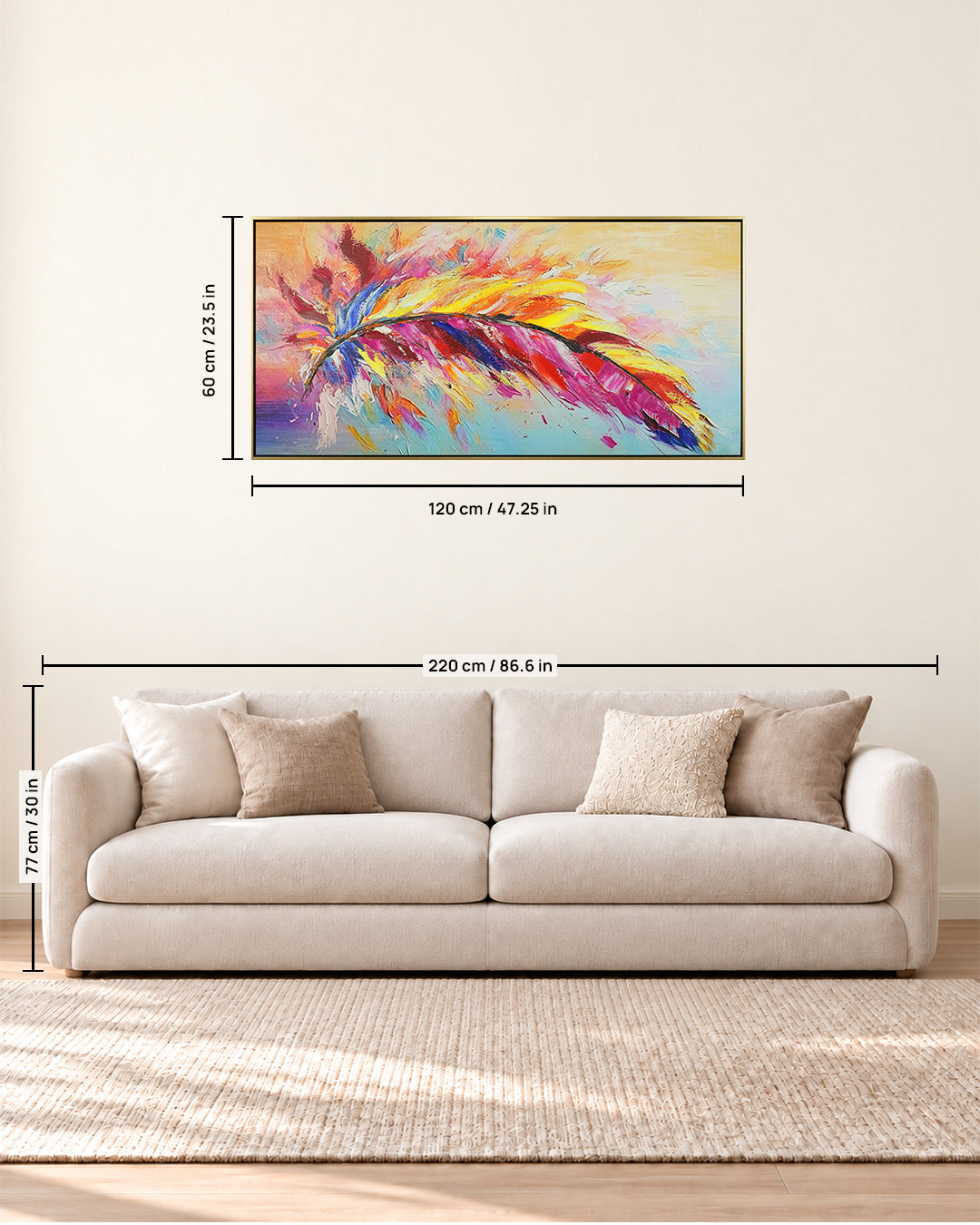 Spectrum colourful rainbow feather wall art size guide above a sofa