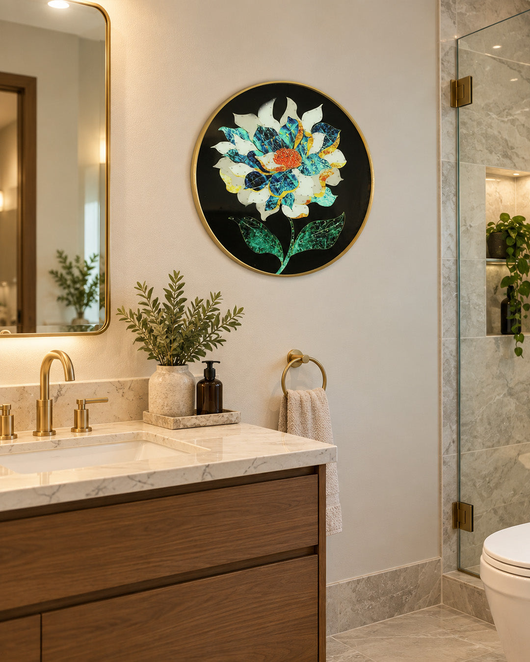 Splendour round navy and gold floral glass wall art in a bathroom