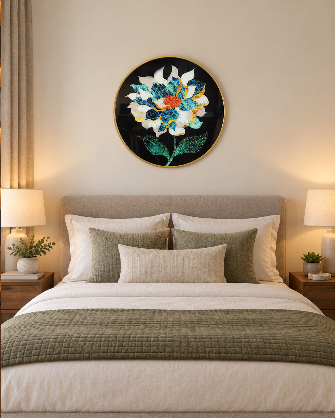 Splendour round navy and gold floral glass wall art above a bed in a bedroom