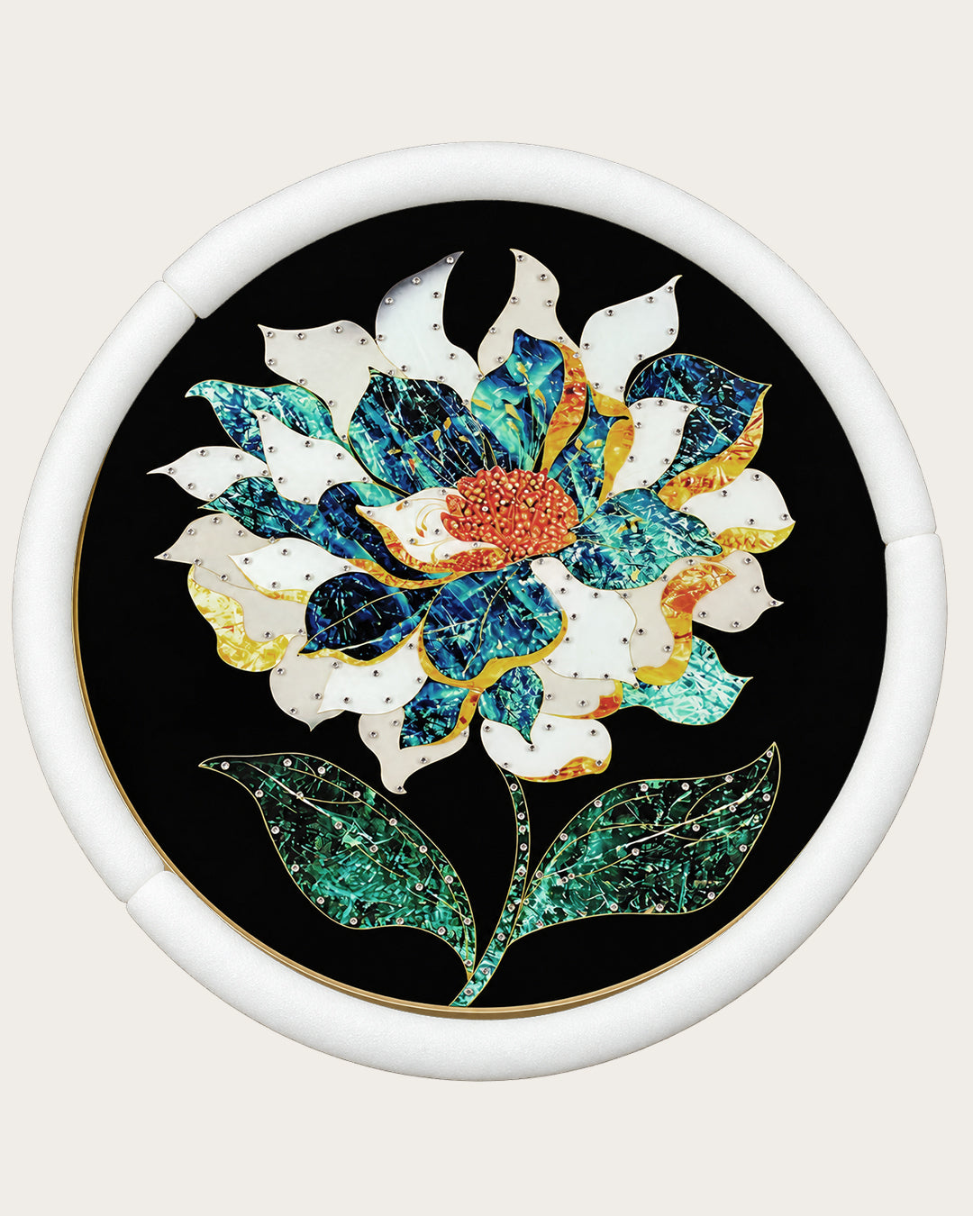 Splendour round navy and gold floral glass wall art with corner protectors for delivery