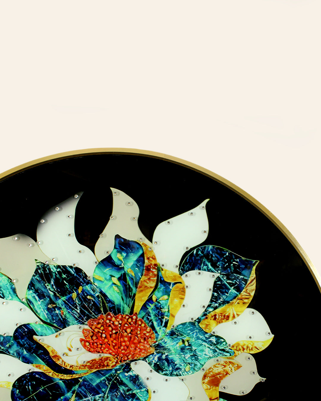 Splendour round navy and gold floral glass wall art gold metal frame corner detail