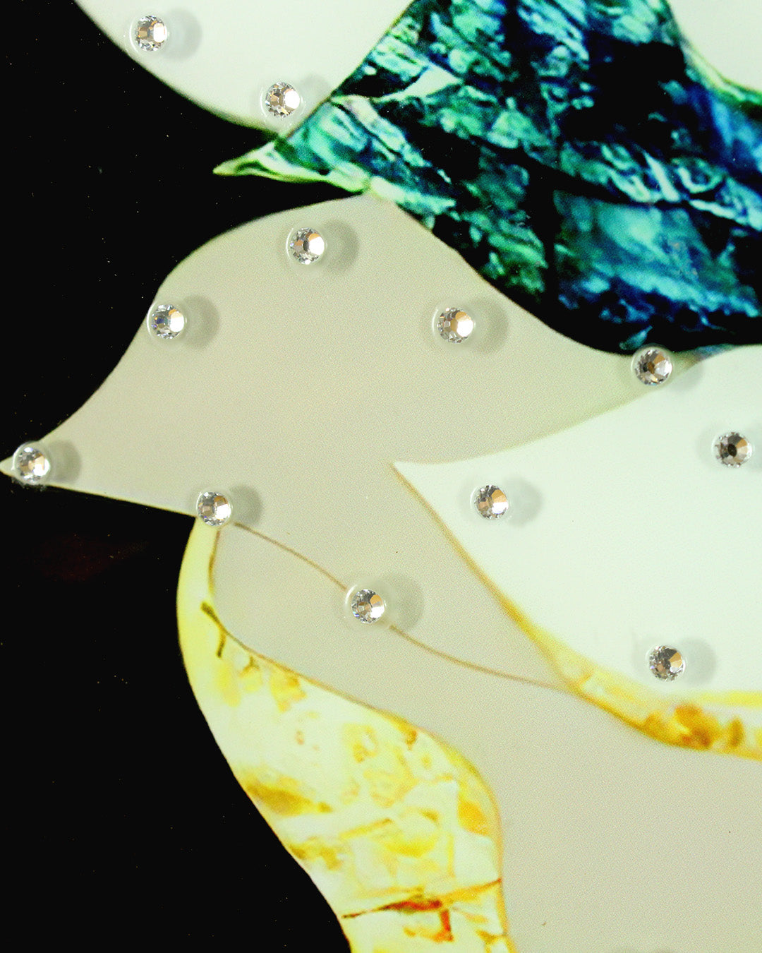 Splendour round navy and gold floral glass wall art close-up of the crystal studded petals