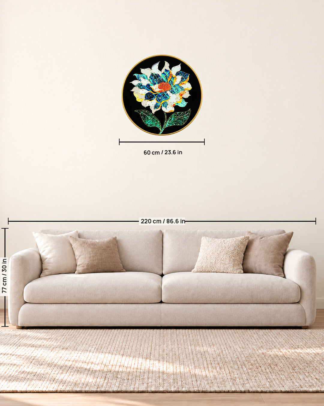 Splendour round navy and gold floral glass wall art size guide above a sofa
