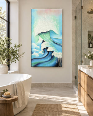 Surge blue wave canvas art in a bathroom