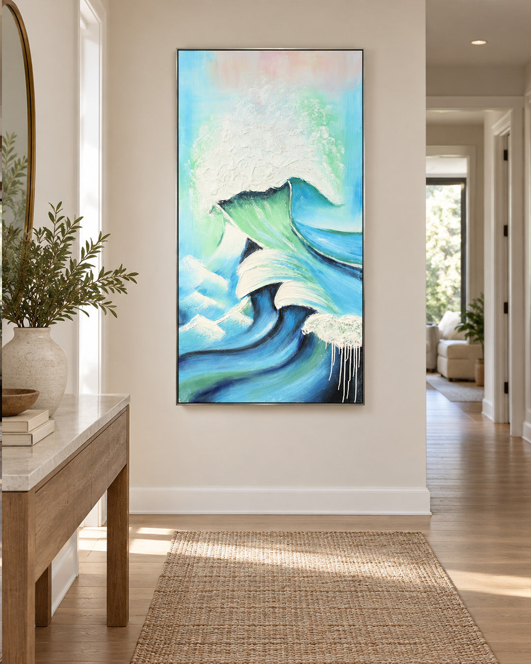 Surge blue wave canvas art in a hallway