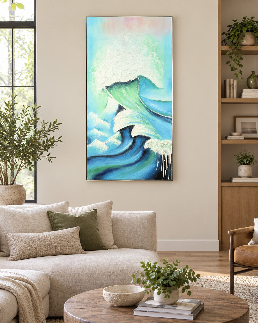 Surge blue wave canvas art above a sofa in a living room