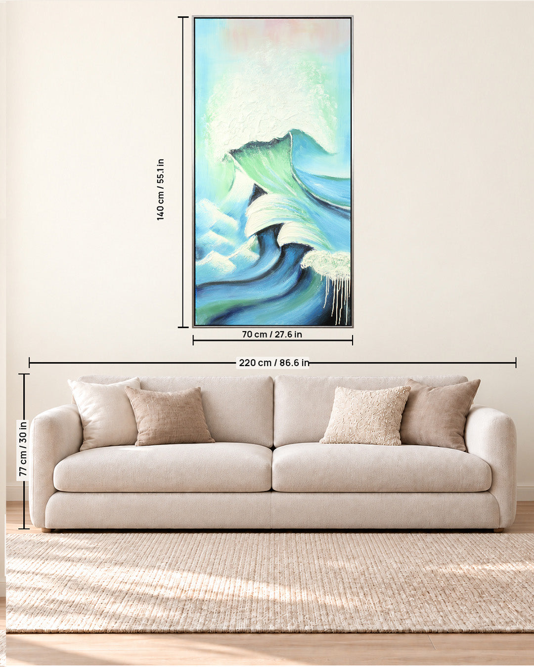 Surge blue wave canvas art size guide above a sofa